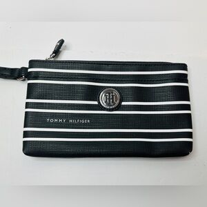 Tommy Hilfiger Black and White Striped Wristlet Clutch With Silver Hardware